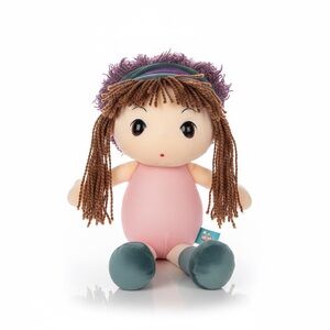 HWD Rag Doll Plush Toy Pink Dress Yarn Hair Soft Stuffed Doll Teal Shoes
